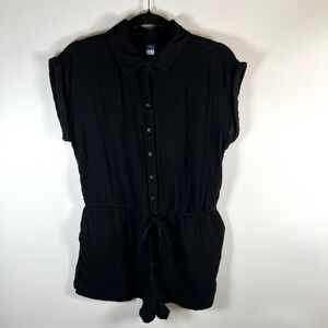 Old Navy Black Petite Chambray Button Front Drawstring Romper Size S